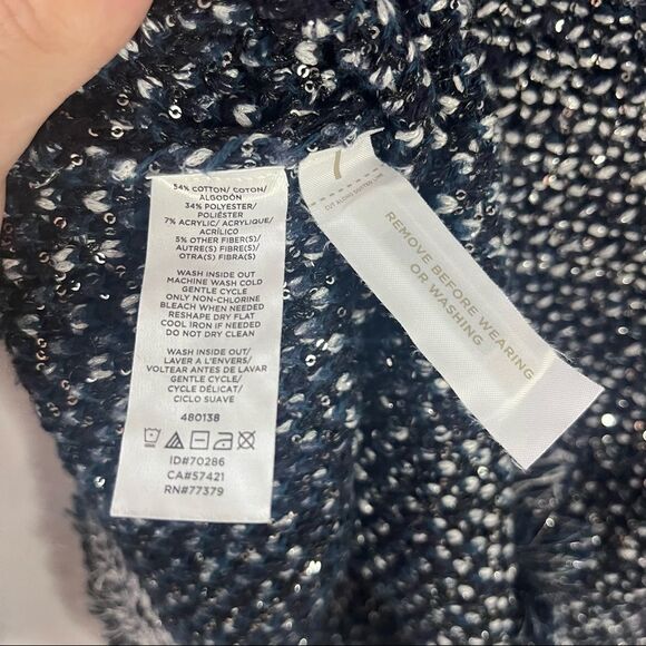 Ann Taylor Blue Sequin Glitter Sweater with Fringe Sleeves & Hem - Picture 5 of 8